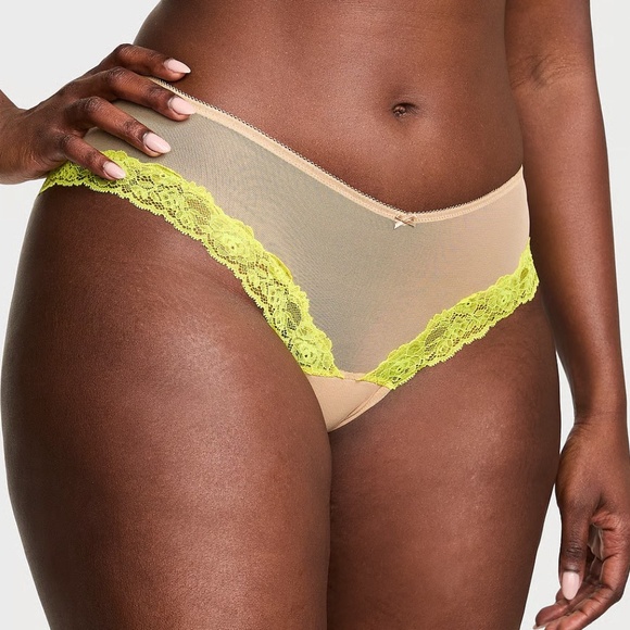 Victoria's Secret Very Sexy Mesh Lace-Trim High-Leg Cheeky Panty Praline S NEW - Picture 3 of 6